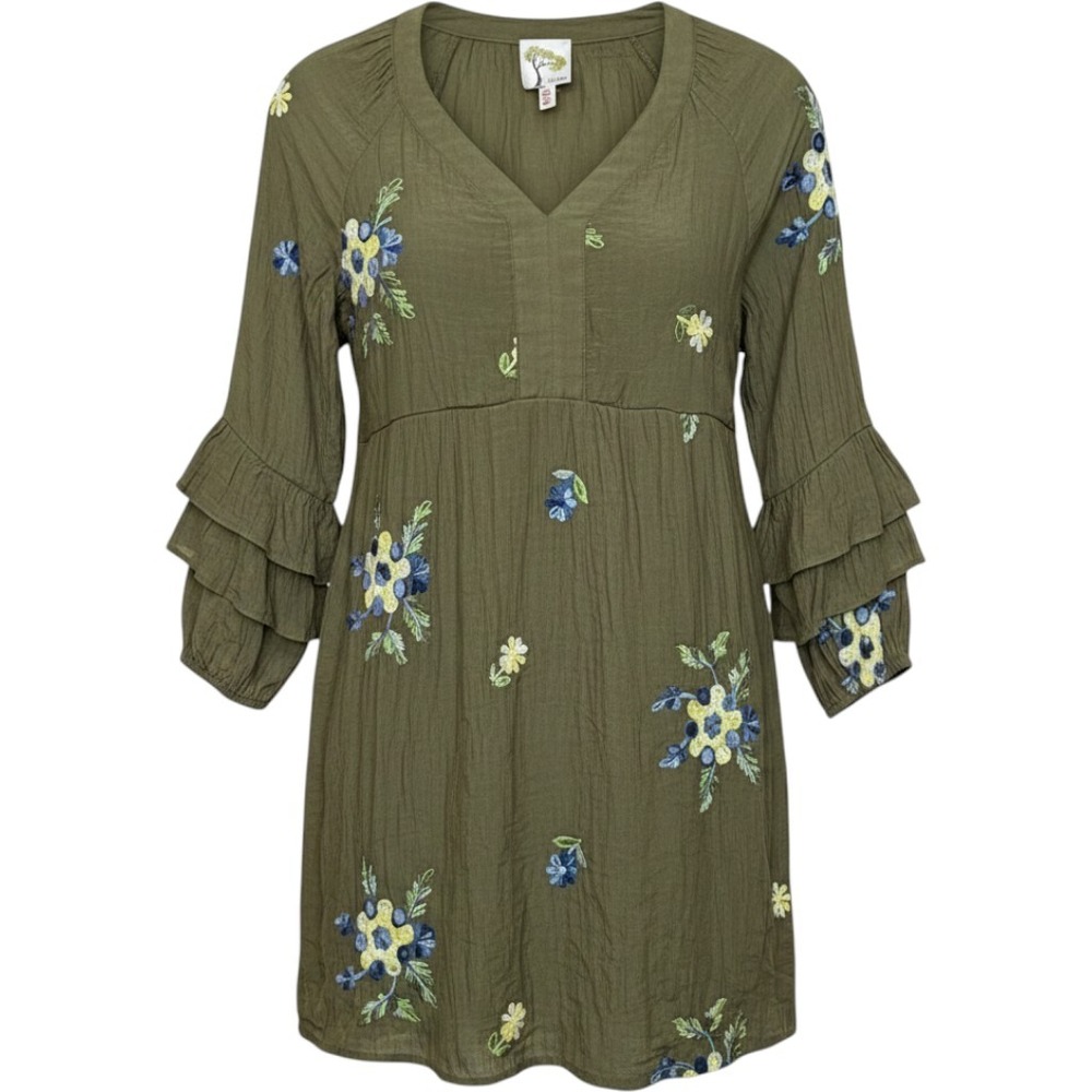 Fig and Flower Womens PS Olive Green Floral Embroidered Ruffle Sleeve Dress Boho